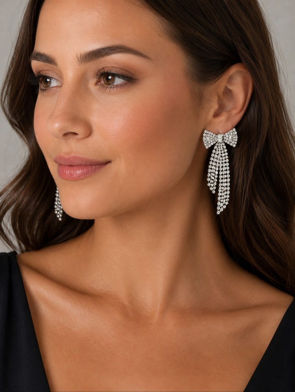 Crystal Bow Dangle Earrings - Silver Rhinestone